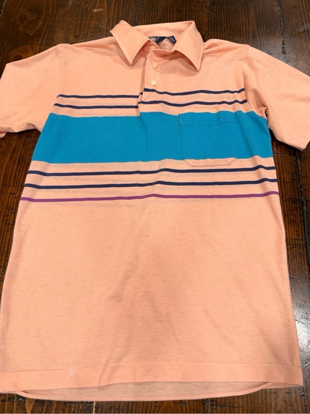 Vintage 70’s 80’s Knights Bridge Polo Shirt Men’s small Peach Blue Chest Stripe